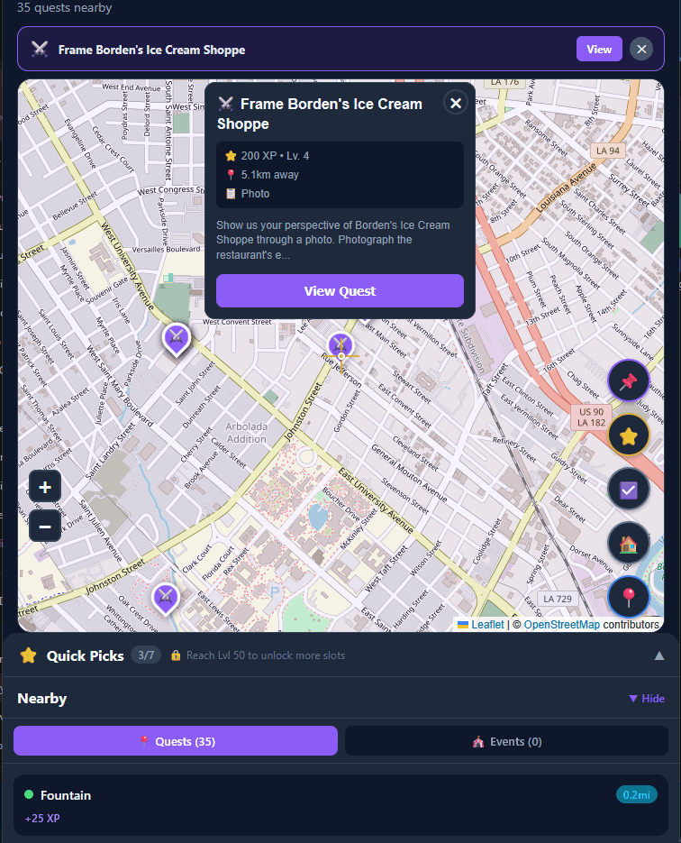 SideQuest mobile app main screen showing active map quests and progress.