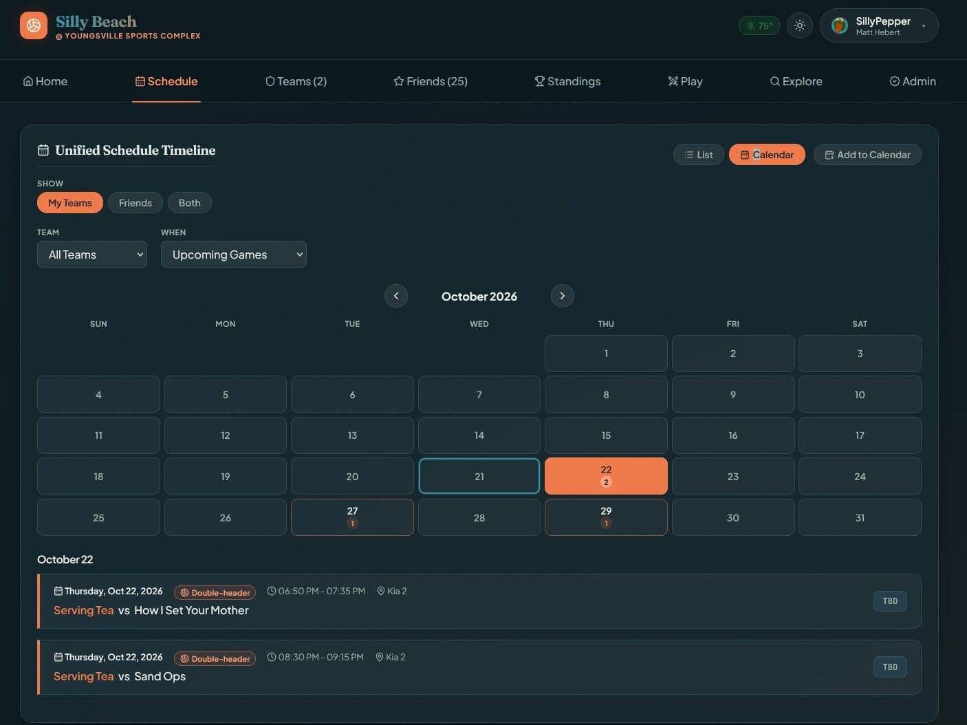 The Silly Beach schedule in dark mode, showing a month calendar with game days highlighted in orange and that day's matchups below.